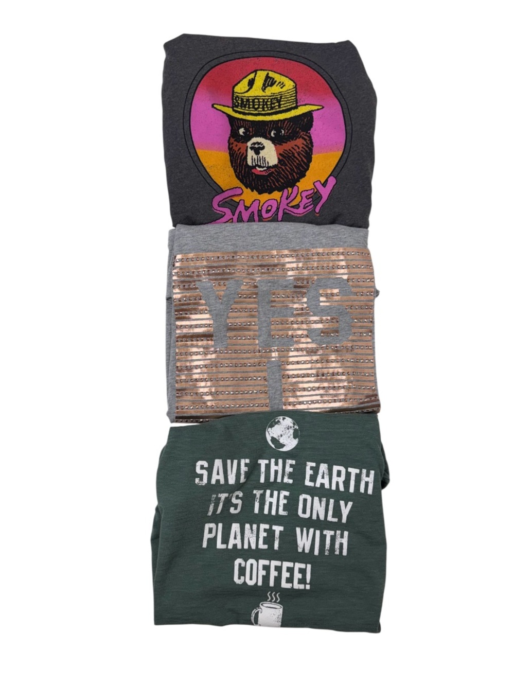 3 Piece Bundle Smokey Bear Juicy Couture Sport & Modern Lux Earth Coffee Shirts